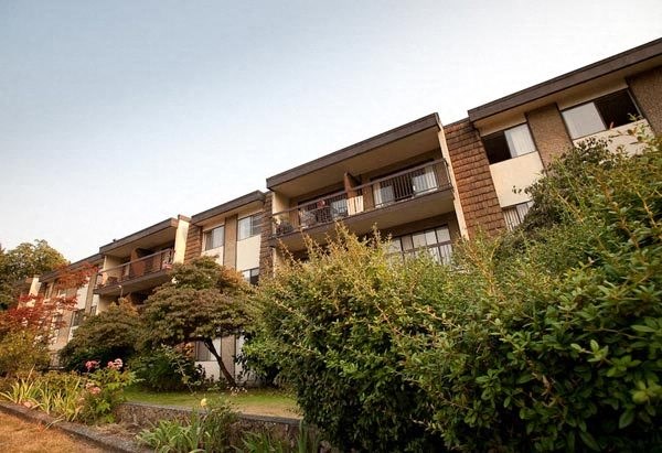 a row of apartment buildings with bushes in front of them