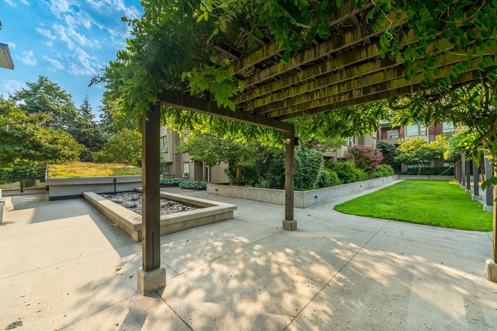 A patio with a wooden pergola and a bench.