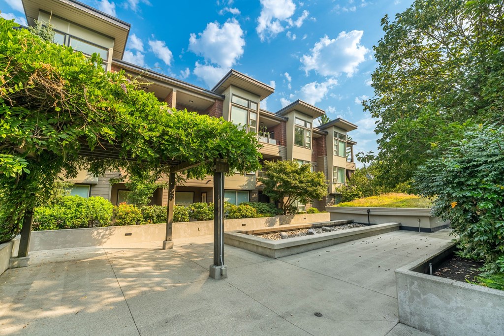A modern house with a large front yard and a concrete walkway.