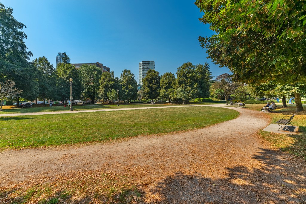 A park with a dirt path and green grass.