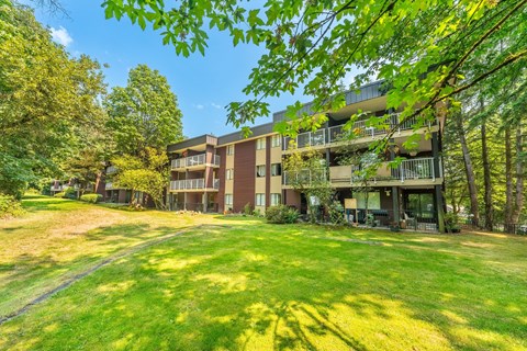 A large grassy area in front of apartment buildings.