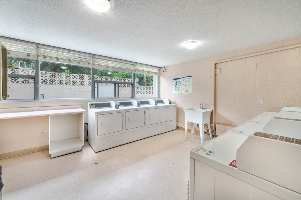 A room with a large printer on the right and a window with a view of a fence and trees outside.