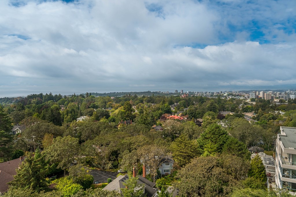 A view of a residential area with houses and trees.