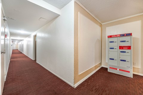 A hallway with a red carpet and white walls.