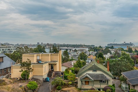 A residential area with houses and a view of the city in the distance.