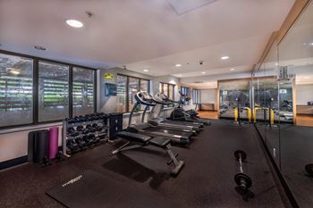 A gym with a variety of equipment including weights and machines.