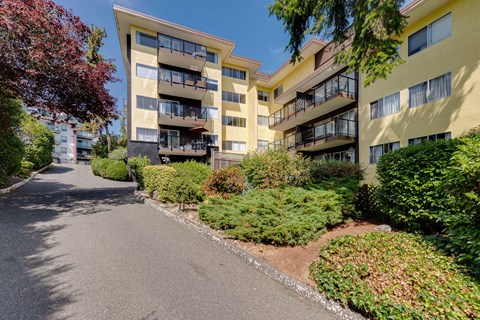 Apartment building with a paved road in front.