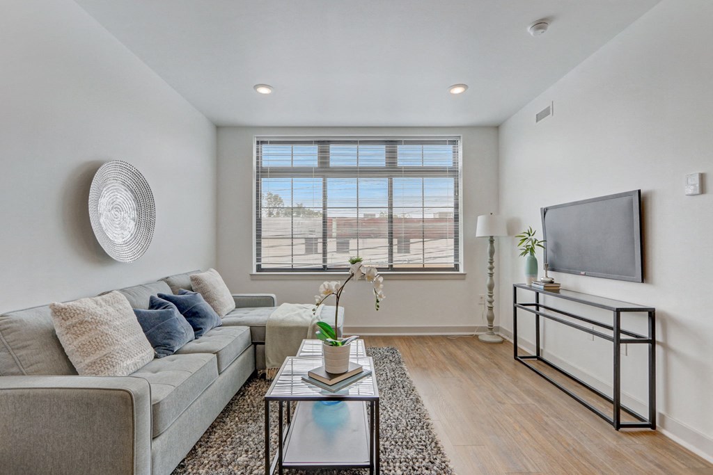 an apartment living room with a couch and a tv