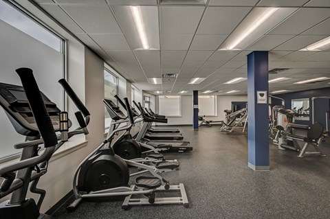 A gym with treadmills and elliptical machines.