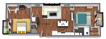2 Bedroom 1 Bath + Balconies - 3D