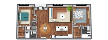 2 Bedroom 2 Bath + Balcony - 3D