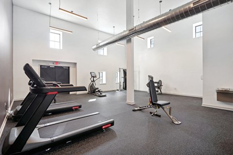 the gym with treadmills and other exercise equipment in a room with a fireplace