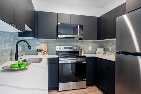A modern kitchen with black cabinets and stainless steel appliances.