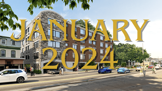 a rendering of a city street with a large yellow sign that reads january 2021