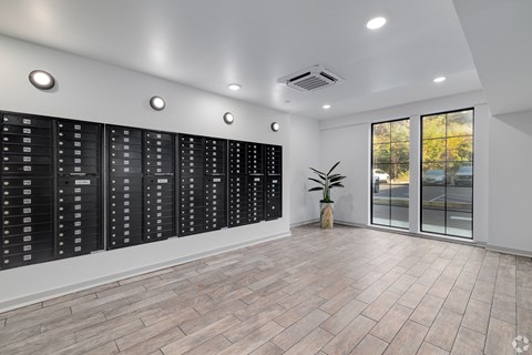 A room with a long list of names on a wall and a plant in the corner.