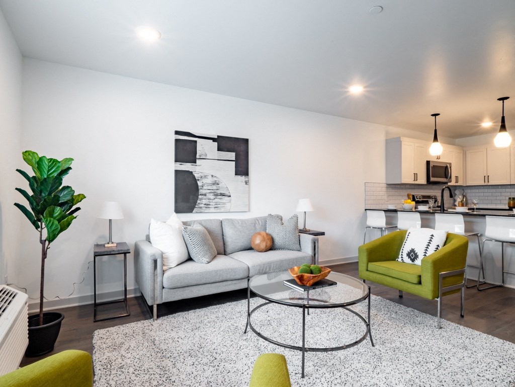 a living room with a couch and a coffee table