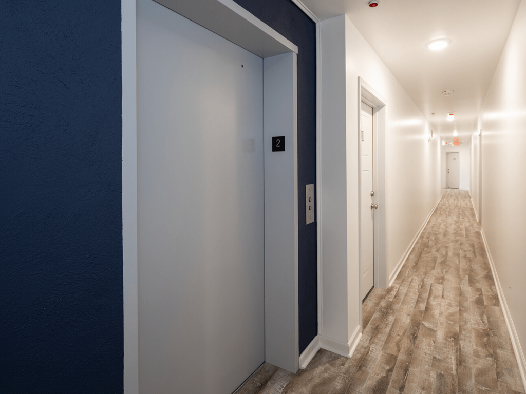 a hallway with blue walls and white doors and a wooden floor