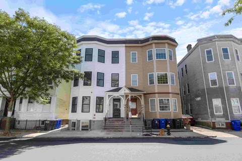 A row of houses with a tree in front of the first one.