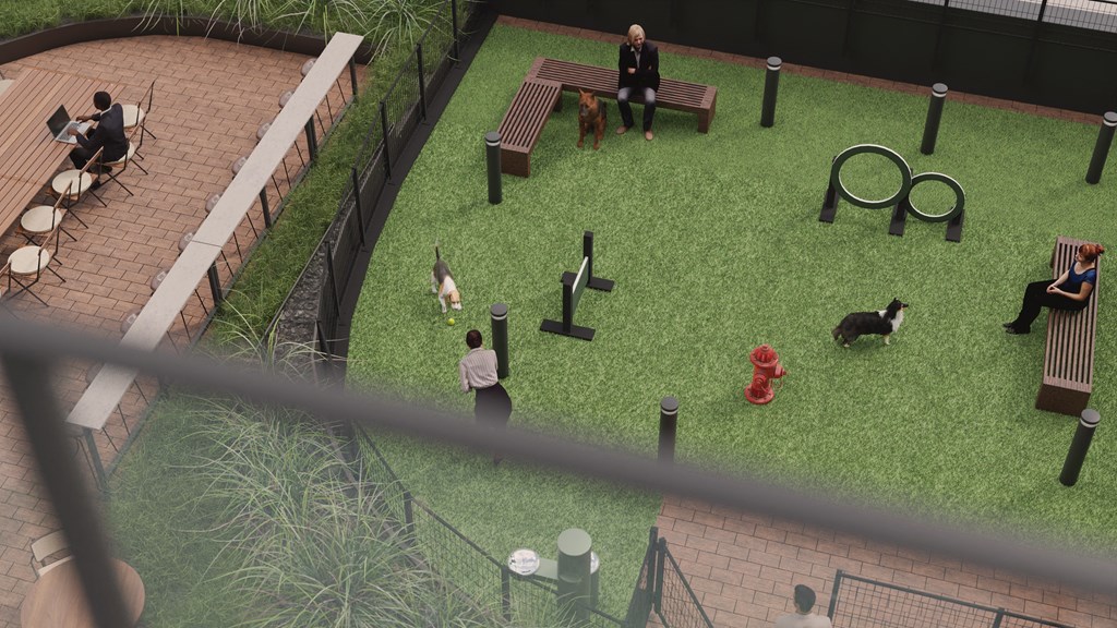 a rendering of a dog park with people and dogs