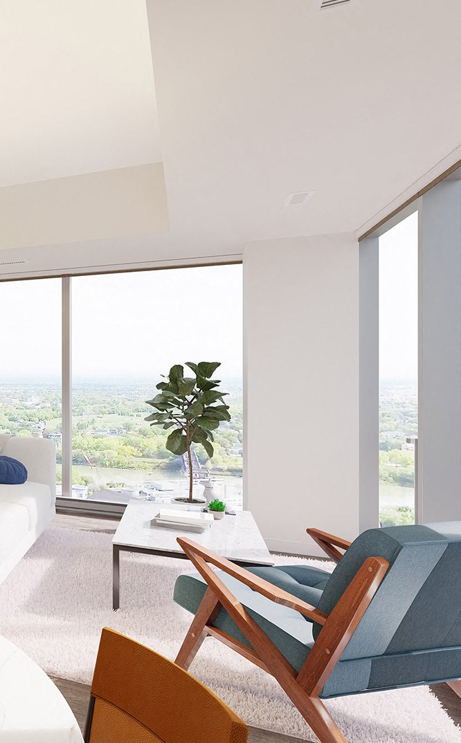 a living room with a large window and a blue chair