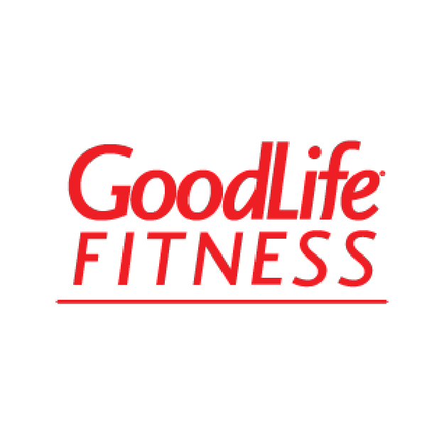 a red goodlife fitness logo on a white background