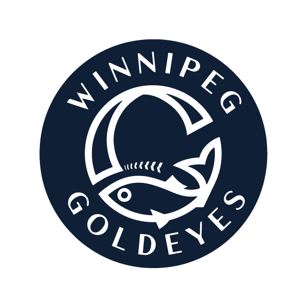 a blue circular logo with a fish and the word winnipeg goldeyes