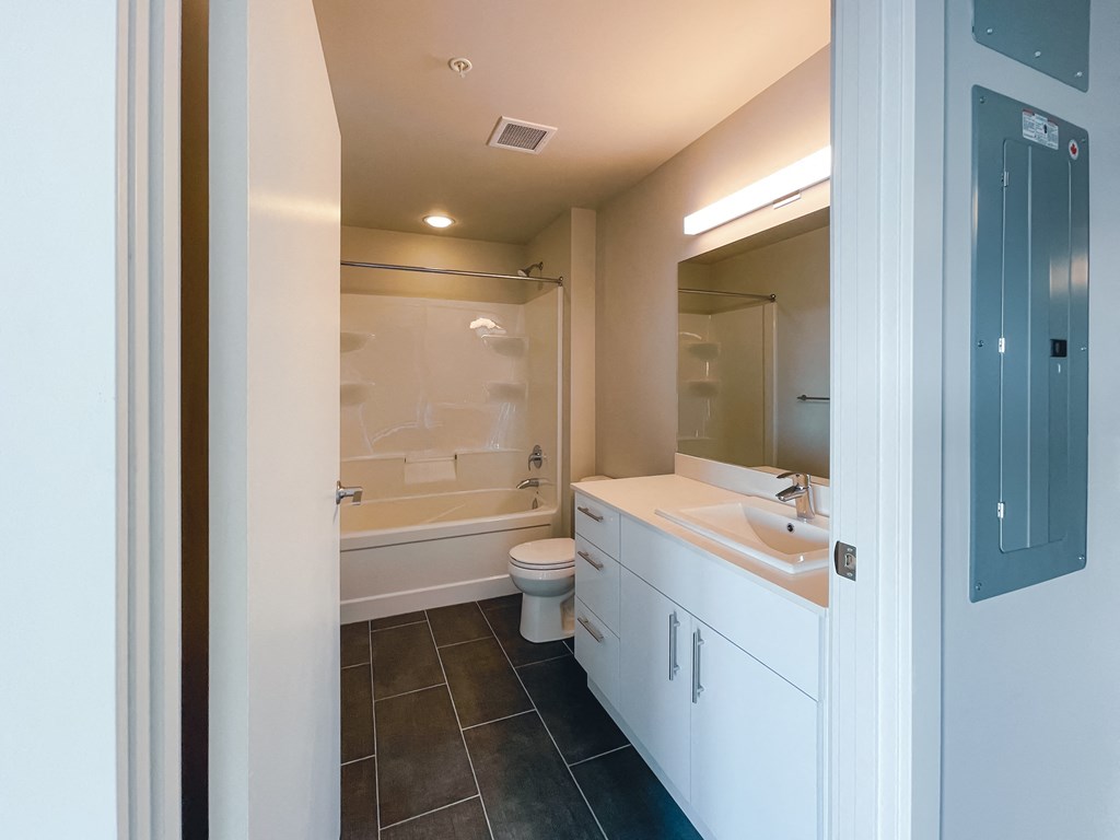 a bathroom with a shower toilet and sink and a mirror