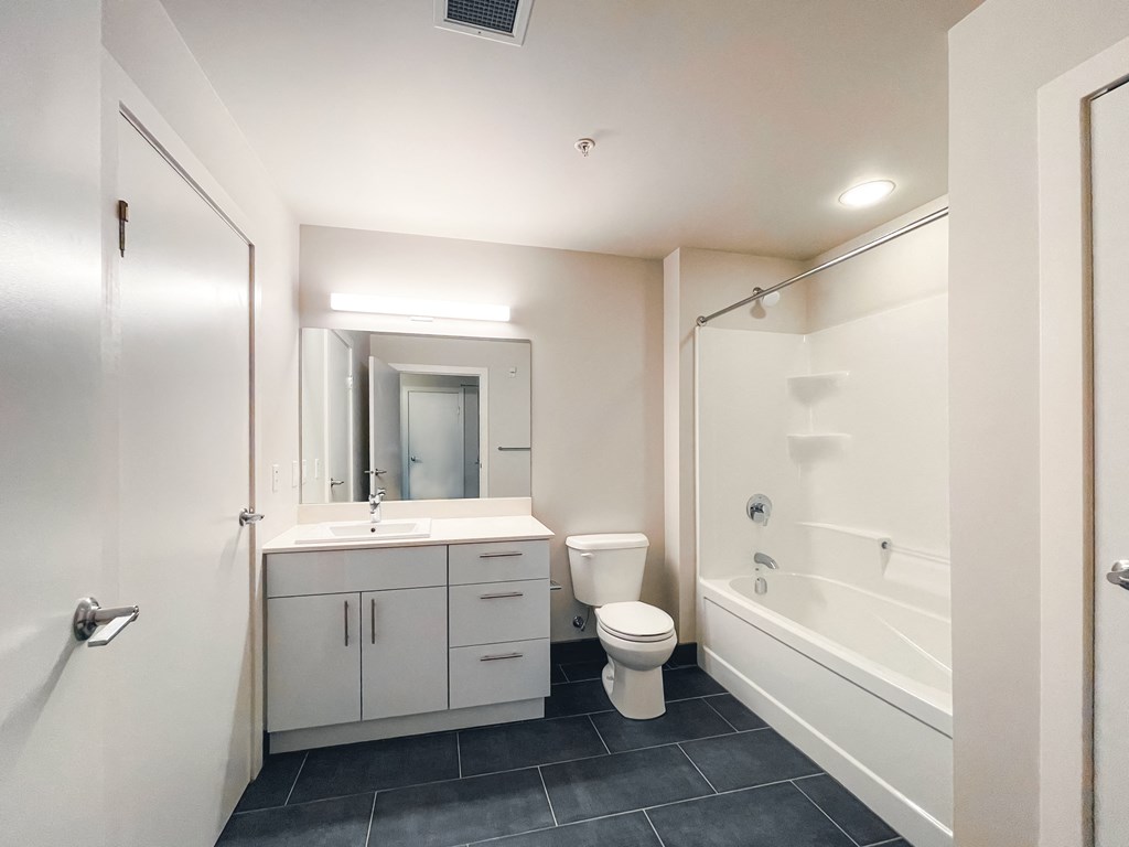 a bathroom with a shower toilet and sink and a mirror