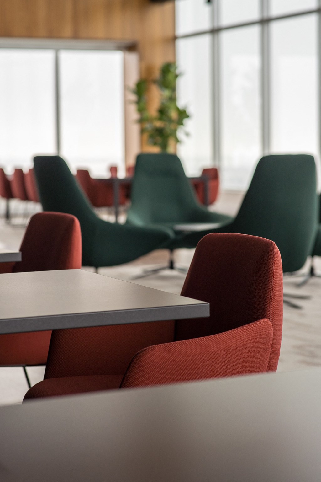 a group of chairs and tables in a room