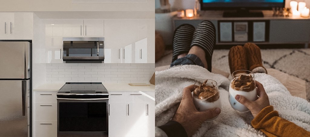 two photos of a couple sitting on a couch with their feet up in a kitchen