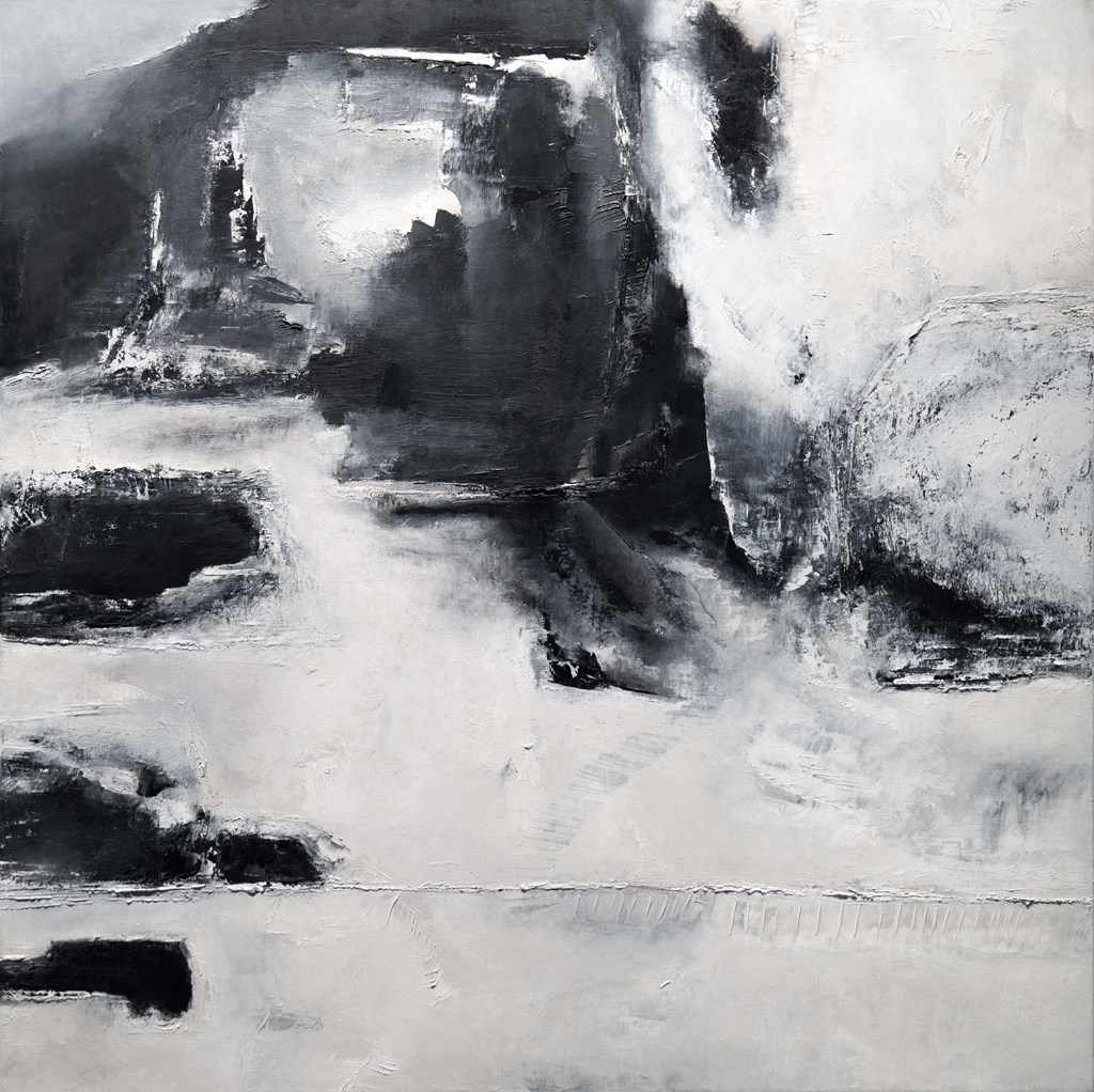 a black and white abstract painting of a lake