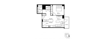 A floor plan of a house with a laundry room, bathroom, kitchen, living room, bedroom, and balcony.