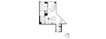 A black and white image of a floor plan for a small apartment.