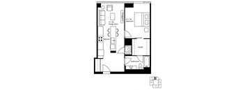 A black and white floor plan of a house with a living room, kitchen, bathroom, and bedrooms.