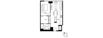 A floor plan of a small apartment with a bedroom, living room, kitchen, bathroom, and laundry area.