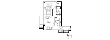 A floor plan of a small apartment with a living room, kitchen, two bedrooms, and a bathroom.