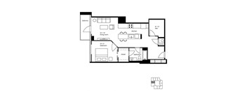A black and white floor plan of a house with a balcony, living room, kitchen, bedroom, bathroom, and laundry area.