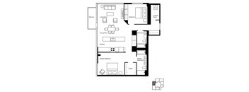 A floor plan of a house with a balcony, living room, dining room, kitchen, two bathrooms, and two bedrooms.