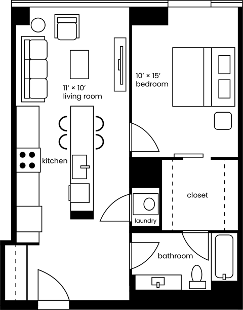 a floor plan of a small house with a kitchen and a living room
