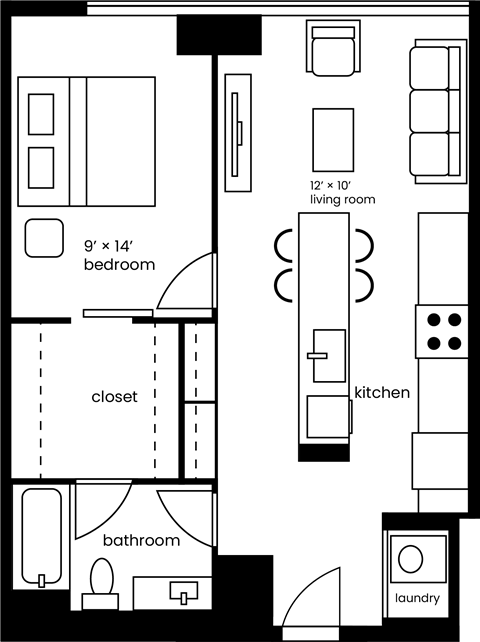a floor plan of a small house with a kitchen and a living room
