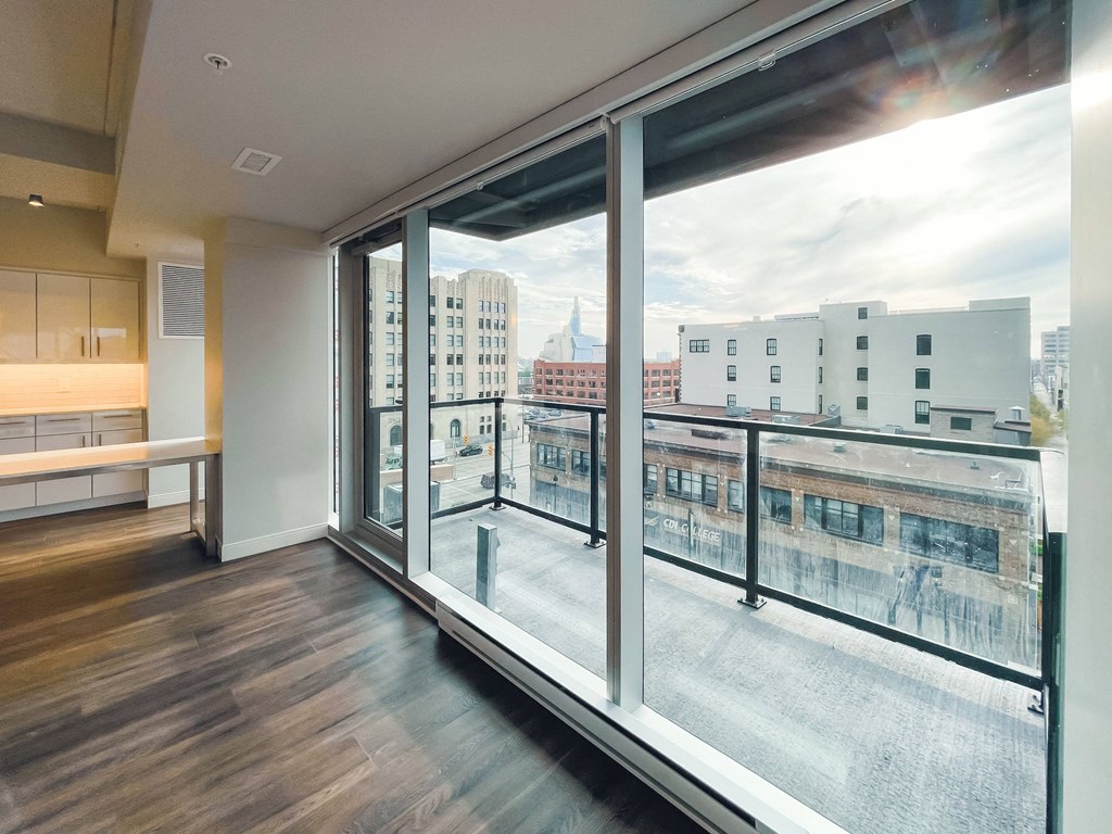 a large window with a view of the city