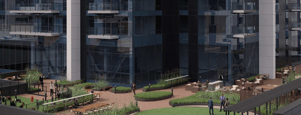 a rendering of an office building with a park in front of it