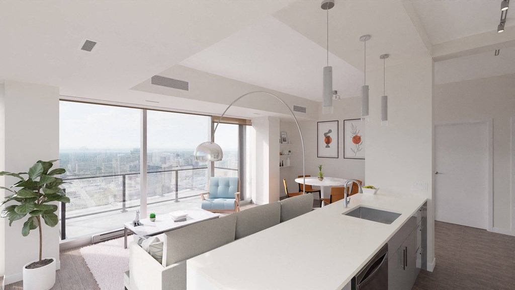 a rendering of a kitchen and living room in an apartment