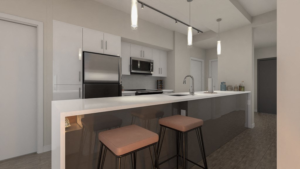 a rendering of a kitchen with a large island with two stools in front of it