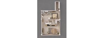 A 3D floor plan of a small apartment with a kitchen, living room, and bathroom.