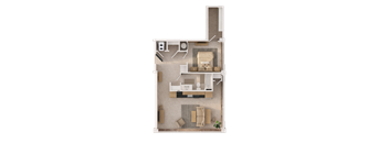 A top-down view of a small apartment with a kitchen, living room, and bathroom.