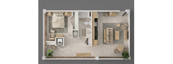 A top-down view of a room with a bed, desk, and chair.