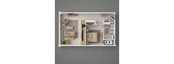 A top-down view of a modern, minimalist living space with a kitchen, dining area, and a single bed.