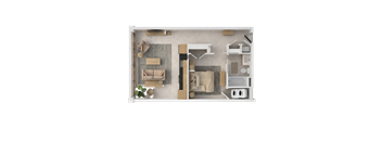 A top-down view of a small apartment layout with a kitchen, living room, and bathroom.