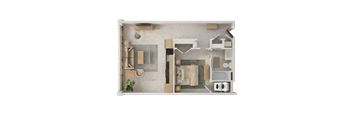 A top-down view of a kitchen with a sink, stove, and refrigerator.
